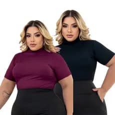 Kit 2 Blusas Feminina Plus Size Cacharrel Gola Alta Canelada GG ao G3