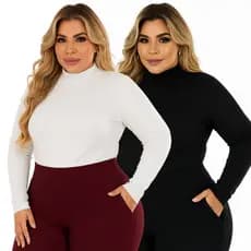 Kit 2 Blusa Feminina Plus Size Cacharrel Manga Longa Gola Alta Canelada G1 ao G3
