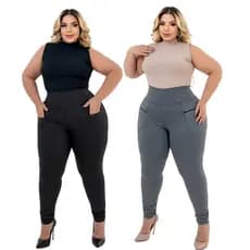 Kit 2 Calça Legging Feminina Plus Size Leg Bolso Ziper Estilo Montaria