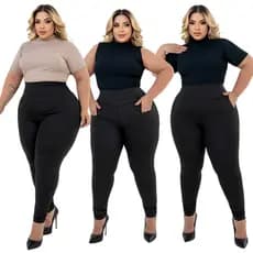 Kit 3 Calça Leg Feminina Bolso Ziper + Bolso Faca + Empina Bumbum Cós Alto