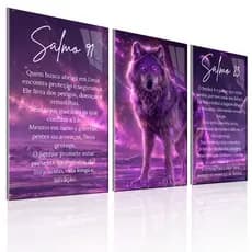 Quadro Decorativo Lobo com Salmo 91 E Salmo 23 - Decoração Para Sala De Estar em Tons Roxo