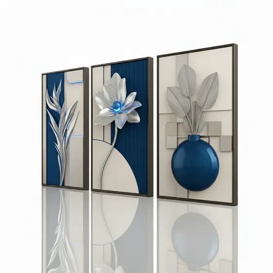 Quadro Decorativo Tríptico Floral Moderno Tons Azul E Bege