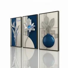 Quadro Decorativo Tríptico Floral Moderno Tons Azul E Bege