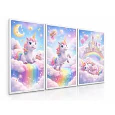 Quadro Decorativo Infantil Unicórnio nas Nuvens 3 Peças