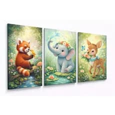 Quadros Decorativos Infantis Animais Fofos do Bosque 3 Peças