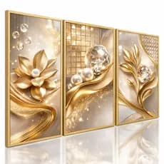 Kit Quadros Decorativos Florais Dourados Luxo 3 Peças