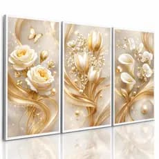 Kit Quadros Elegantes com Flores Brancas 3 Peças