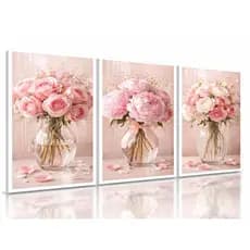 Quadro Decorativo Flores Rosas no Jarro 3 Peças Delicado