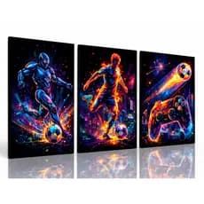 Quadro Decorativo Futebol Gamer Neon 3 Peças Moderno