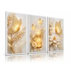 Quadro Decorativo Borboletas Douradas 3 Peças Luxo