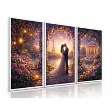 Quadro Decorativo Casal Romântico em Paris 3 Peças Luxo
