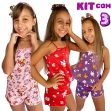 KIT COM 3 Pijamas INFANTIL estampado Baby Doll para Meninas Pijama de personagens Menina