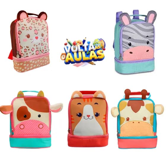 Lancheira Térmica Infantil com Alça Escola Creche Piquenique Viajem Menina Menino Criança Personagens Vaca Girafa Gato