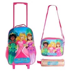 Conjunto Mochila Infantil Escolar Com Rodinha com 3 peças Princesas Com Estojo e Lancheira Térmica Impermeável