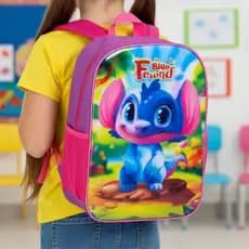 Mochila Bolsa Infantil Escolar Feminina de Costas  Personagem Azul com  Rosa Confortavel – Modelo Sortido