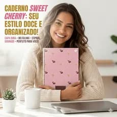 Caderno Universitário Feminino Sweet Cherry 80 Folhas Pautadas, Capa Dura com Espiral, Estampa  Rosa – Envio Sortido