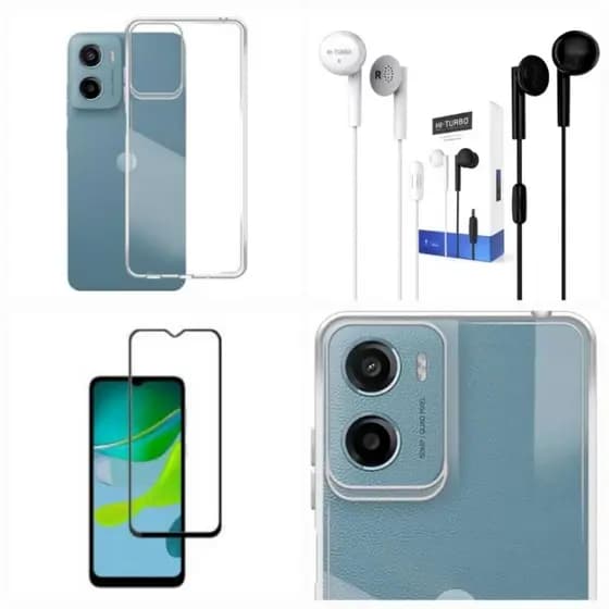 Kit Capinha Transparente TPU + Película 3D + Fone de Ouvido Para Moto E15