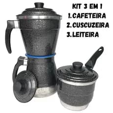 Cafeteira 3 em 1 Multiuso Leiteira + Cuscuzeiro Individual Porção Unica + Cafeteira Econômica 1L Italiana em Alumínio Café da Manhã Preta Craqueada