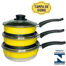 Kit Jogo de Frigideiras Amarela Antiaderente Com Tampa De Vidro Conjunto 3 Peças Forma Alta N18 20 22 Frigideira Teflon