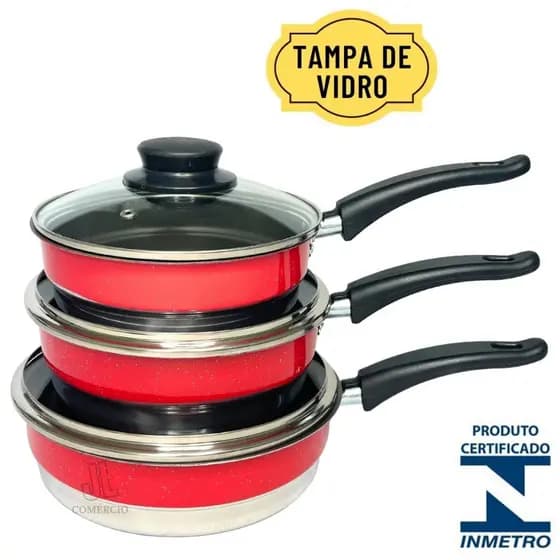 Conjunto de Frigideira Vermelha Antiaderente Com Tampa De Vidro Forma Alta Jogo Kit 3 Peças 18/20/22 Frigideiras Teflon