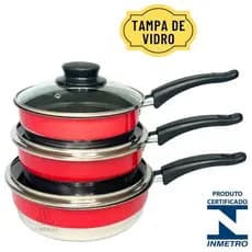 Conjunto de Frigideira Vermelha Antiaderente Com Tampa De Vidro Forma Alta Jogo Kit 3 Peças 18/20/22 Frigideiras Teflon