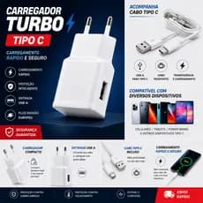 Carregador Turbo Tipo C Fast Charge para Samsung Galaxy S20 S21 S22 A30 A31 A32 A50 A51