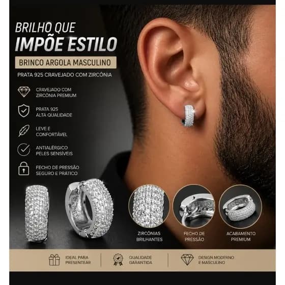 🔥 Brinco Argola Masculino Prata 925 Cravejado Zircônia Luxo Brilho Premium Antialérgico 13mm