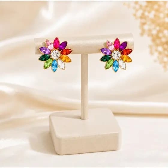 Brinco Flor Colorida com Strass Cristal Feminino Delicado Luxo Festa
