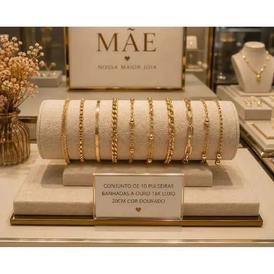 🔥 Kit 10 Pulseiras Femininas Banhadas a Ouro 18K Luxo Dourado 20cm Elegantes Ajustáveis Brilho Premium Moda Tendência