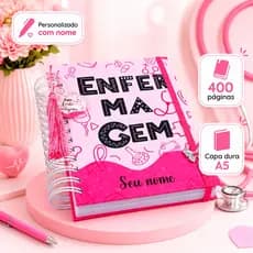 Caderno A5 Enfermagem e Técnico em Enfermagem Personalizado 400 Páginas Capa Dura Rosa