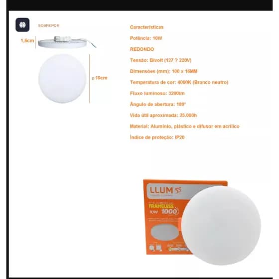 Luminaria led Redondo 10w 4000k llum -  Branco Neutro 110V/220V