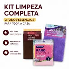 Kit Limpeza Completa 3 em 1 Pano Limpa Vidros + Pano Esponja + Pano Microfibra