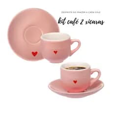 Jogo 2 Xícaras Café / 2 Pires  Porcelana Rosa Lamour 90 ml + 1 Espátula - Mesa Posta Cantinho d Café
