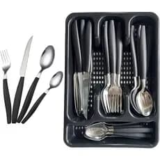 Conjunto Jogo de Talher  Preto com porta talheres de gaveta 17 Pçs