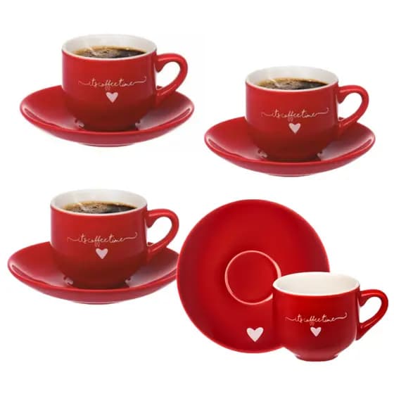 Jogo 4 Xícaras Café Com 4 Pires Porcelana  Lamour 90 ml +1 Mantega - Mesa Posta Cantinho do Café