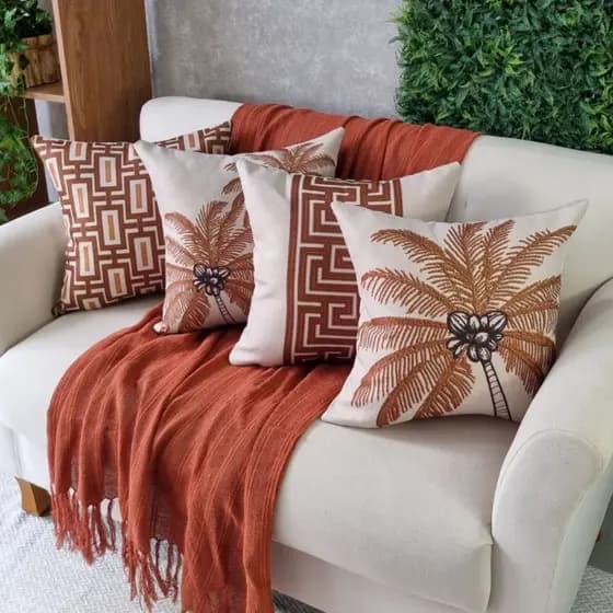 Kit 4 Capas de Almofada Linho Estampadas Premium Moderna Folhagens Geométrica para sala e sofá