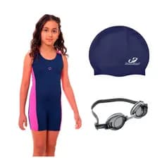 Kit Maiô Macaquinho Natação Juvenil Infantil Touca Silicone + Óculos Uv