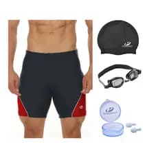 Kit Bermuda Natação Esportiva + Touca + Óculos Proteção Uv + Protetor de Ouvido