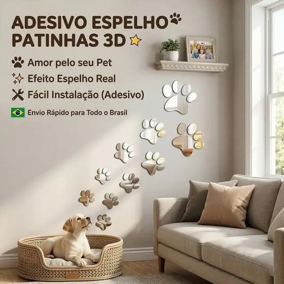 Adesivo De Parede Espelho 3D Patinhas Cachorro Gato Acrílico Decoração Pet Kit