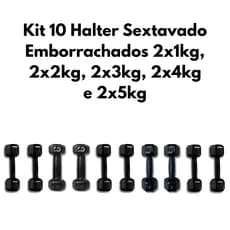 Kit 10 Halteres Sextavados Emborrachados 2x1kg, 2x2kg, 2x3kg, 2x4kg e 2x5kg Musculação Fitness Treino Funcional Academia