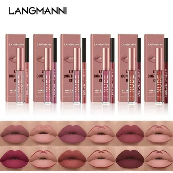 Conjunto de Batom Matte e Lápis Labial para Contorno Alta Pigmentação À Prova d'água
