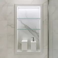 Nicho Porcelanato Carrara LED banheiro box 60x30x11 bordas de alumínio