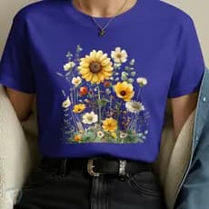 T-Shirt Feminina Estampada | Natureza Criativa com Girassóis e Margaridas