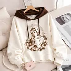 Blusa Moletom Oversized Bicolor Com Estampa Religiosa de Nossa Senhora Com Rosas Delicadas