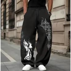 Calça Wide Leg Masculina Estampada Com Estampa Estilosa de Cruz Pássaro Escritas Streetwear Roupa de Rua Hip-hop