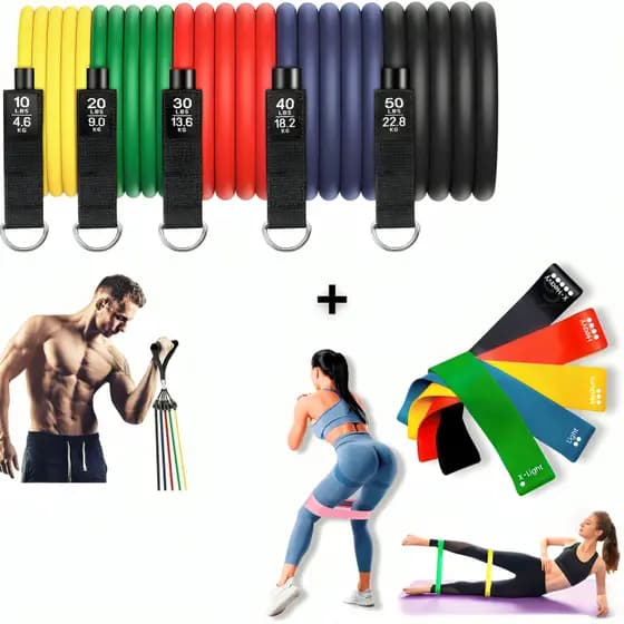 Kit Elástico Exercício 11 Extensor Elástico Treino Em Casa + Kit 5 Mini Band Para Exercícios Multifuncional Yoga Treino
