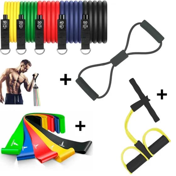 Kit 11 Extensor Elástico + Kit 5 Mini Band + Extensor Elástico + Elástico de Treino Tensão Academia Exercícios