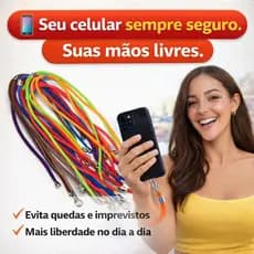 Cordão de Celular Antifurto Ajustável 75cm + Alça de Mão 30cm Não Cai do Pescoço Resistente