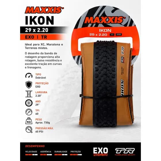 Pneu Mtb Maxxis Ikon 29 2.20 Tubeless Ready Exo Protection em Kevlar 60 TPI Tanwall Faixa Marrom