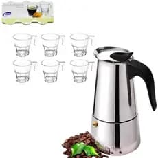 Kit Cozinha Cafeteira Italiana Inox indução e Jogo 6 Xícaras de vidro canecas
